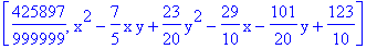 [425897/999999, x^2-7/5*x*y+23/20*y^2-29/10*x-101/20*y+123/10]